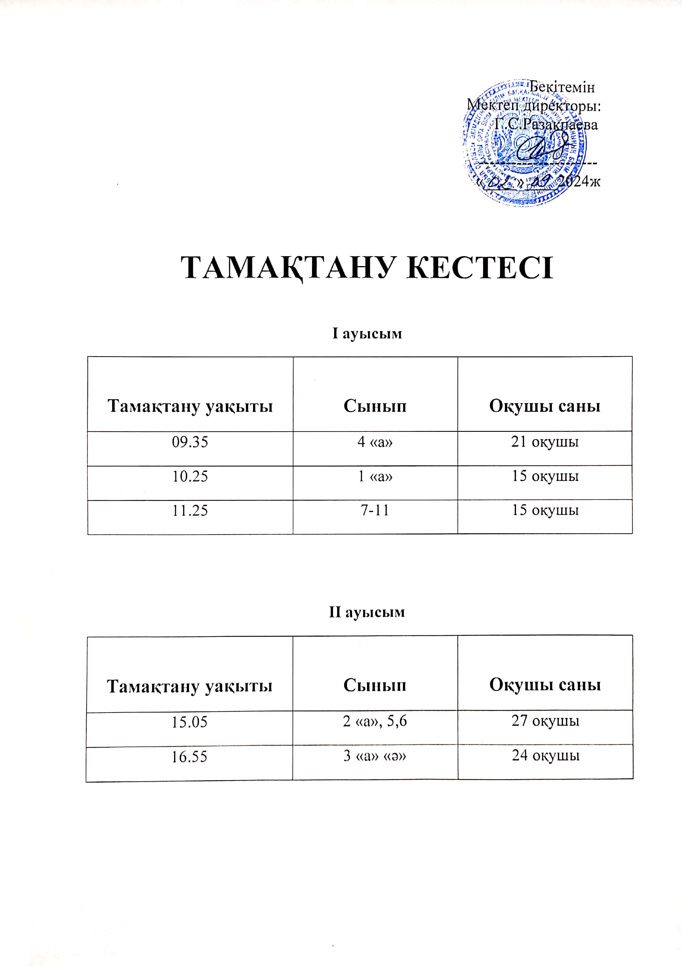 Тамақтану кестесі